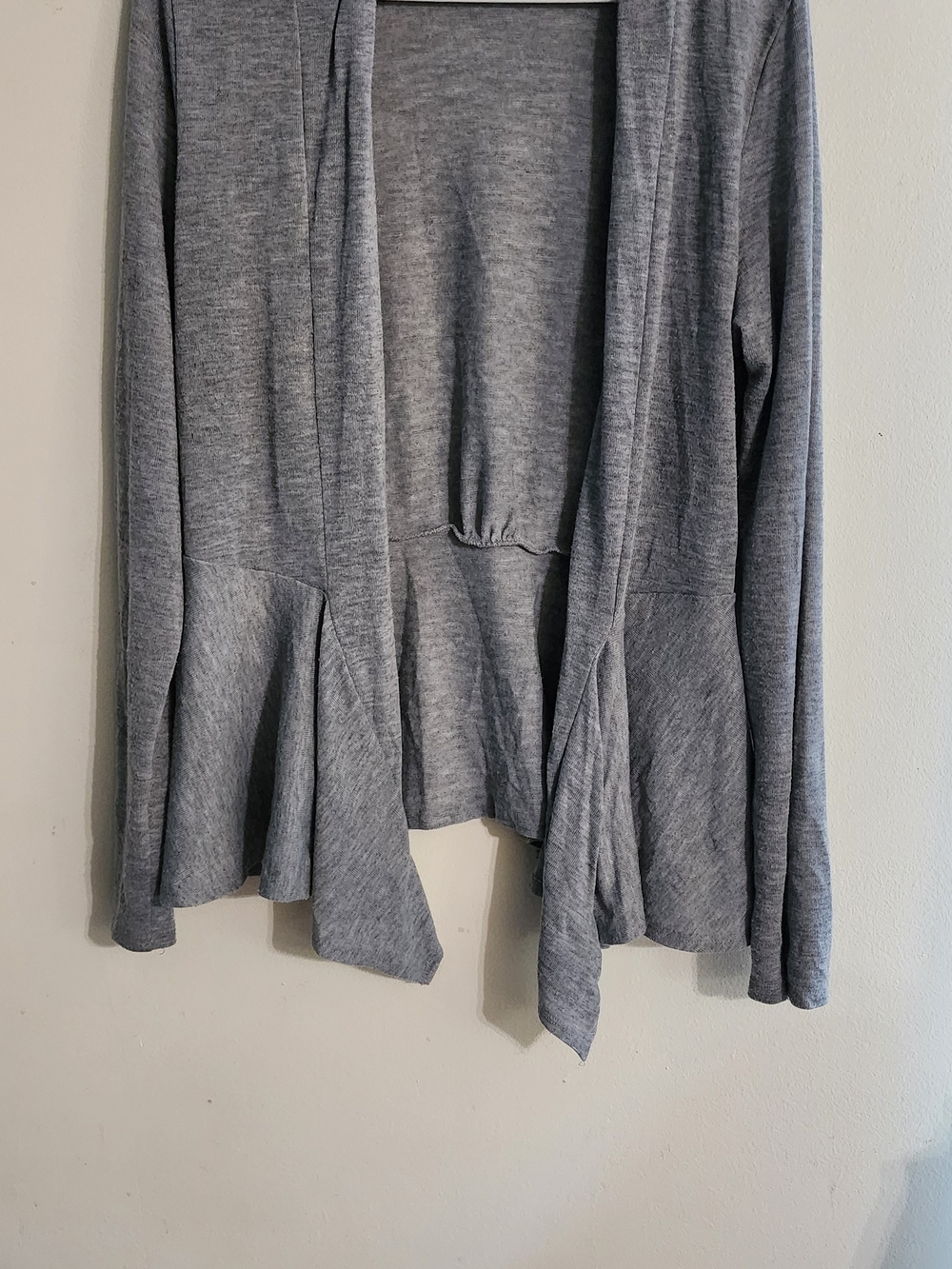 Teenbell Heather Grey Open Front Cardigan Peplum Ruffle Hem Sweater Jacket